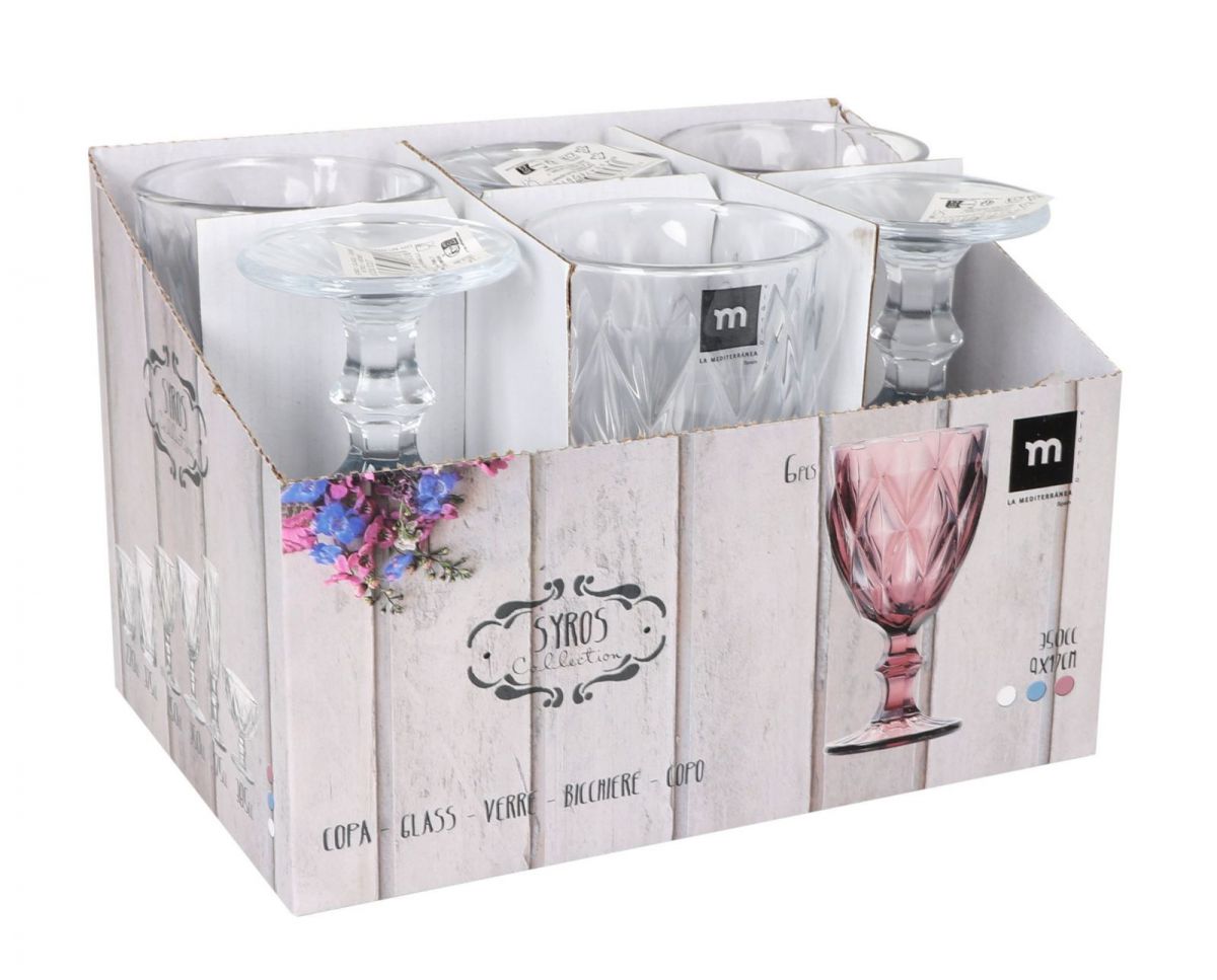Syros clear Vintage Red wine glasses 350ml retail display box with pink diamond-textured glasses