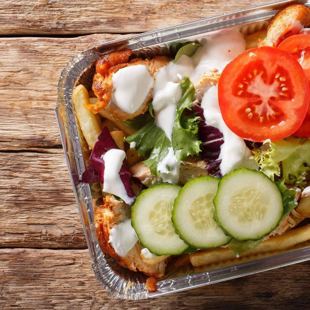 Takeout container with gyro and salad in Take Away Aluminum Food Containers 890ml pack of 2