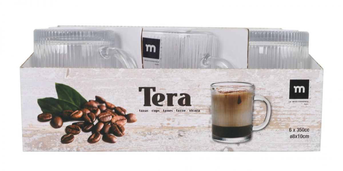 Set of six Tera Coffee Tea Mug Glasses with Handle and Ribbed Sides 350ml