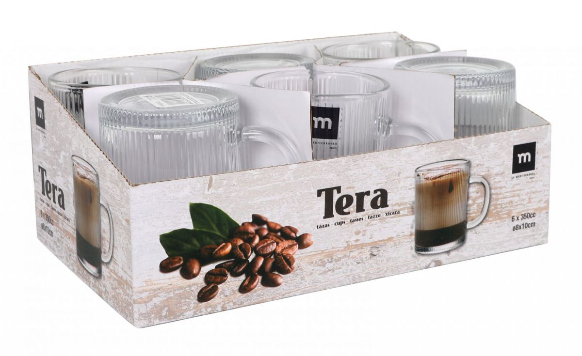 Retail display box with six clear glass Tera Coffee Tea mugs with handles, 350ml