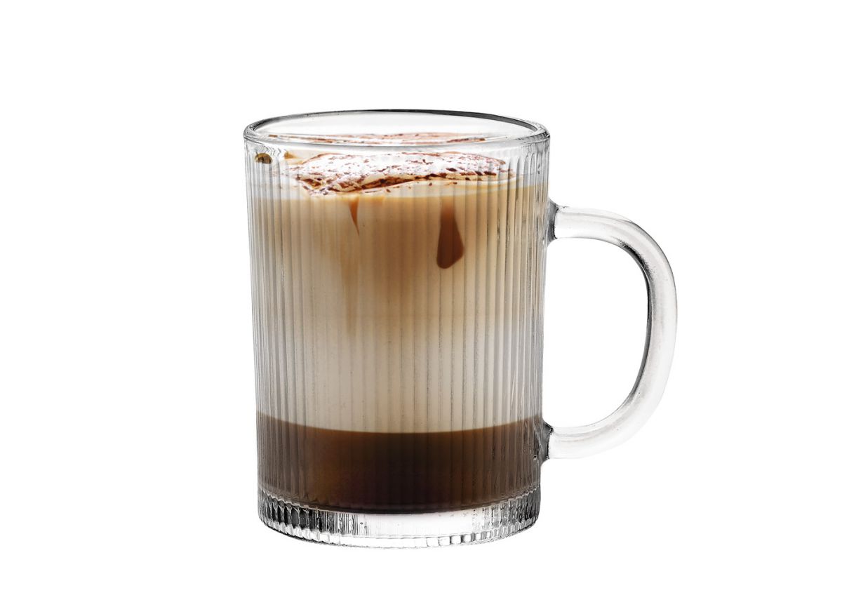 Tera Coffee Tea mug glass with handle 350ml showing layered dark and light beverage with sprinkles