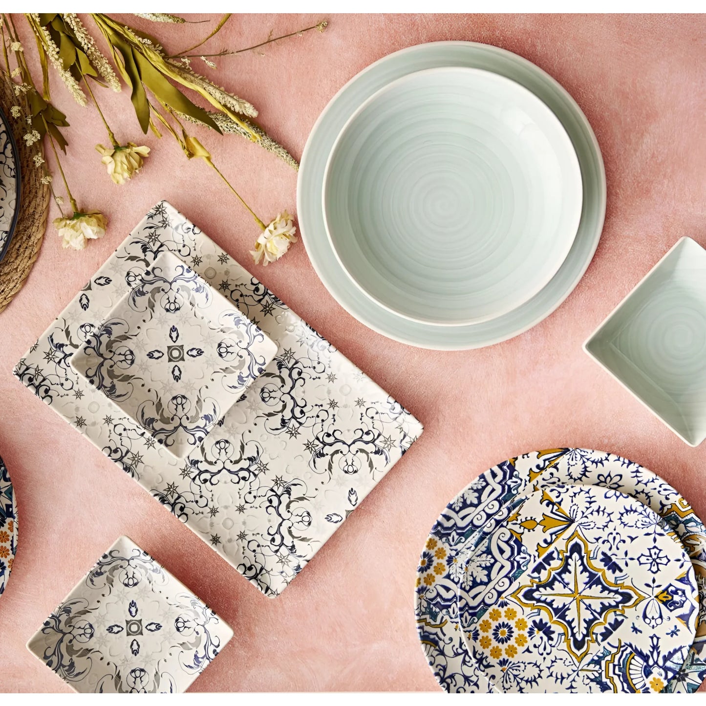 Tesa 12pcs Dinner set Dinner service dinner plates + side + bowls relief Stoneware Relief decoration Blue Geometric