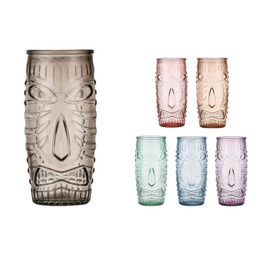 Colorful glass tiki mugs in a box of six for tropical cocktails and party fun