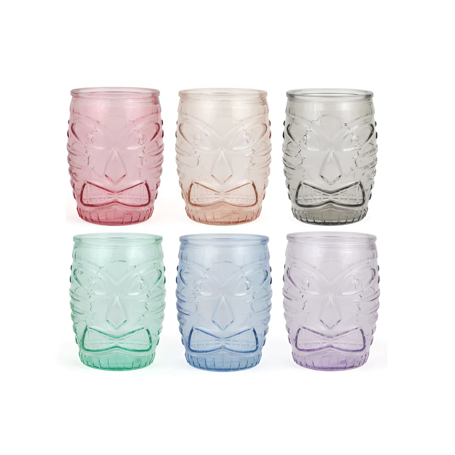 Box of 6 pastel tiki tumblers with embossed faces and bowties