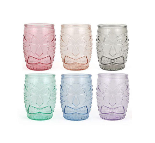 Box of 6 pastel tiki tumblers with embossed faces and bowties