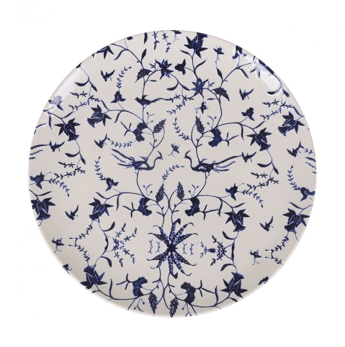 Blue and white floral embossed stoneware dinner plate with birds, Tuile 26cm Santa Clara