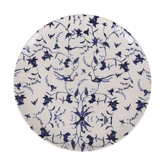 Blue and white floral embossed stoneware dinner plate with birds, Tuile 26cm Santa Clara