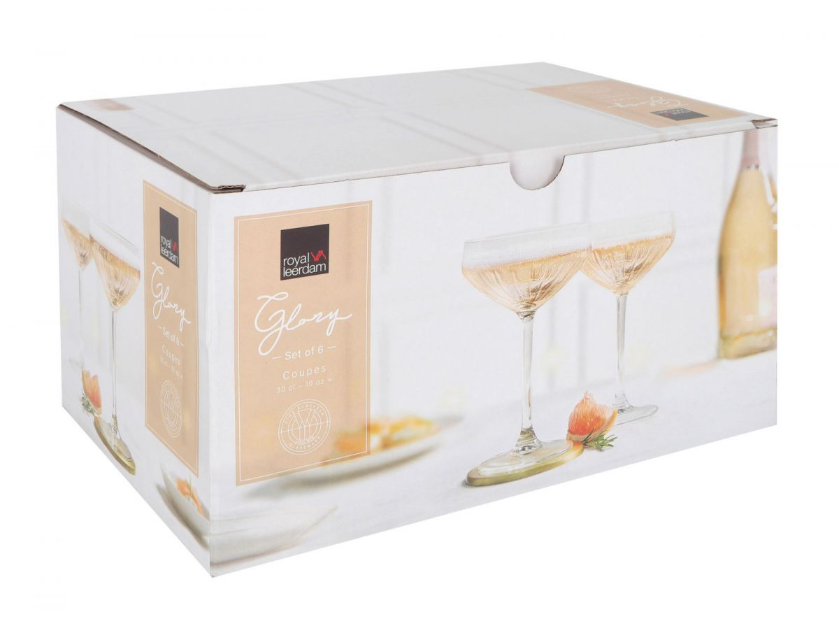 White cardboard box with Vintage Royal Leerdam Glory Champagne Coupe Glasses 300ml