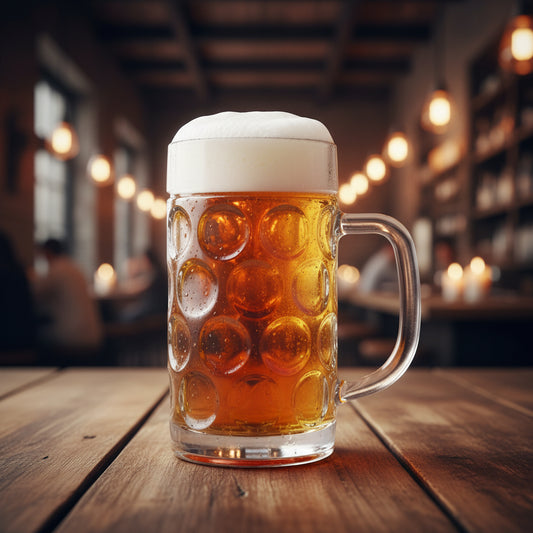 Empty clear glass Weser Pint Beer Tankard 570ml with handle on a white background