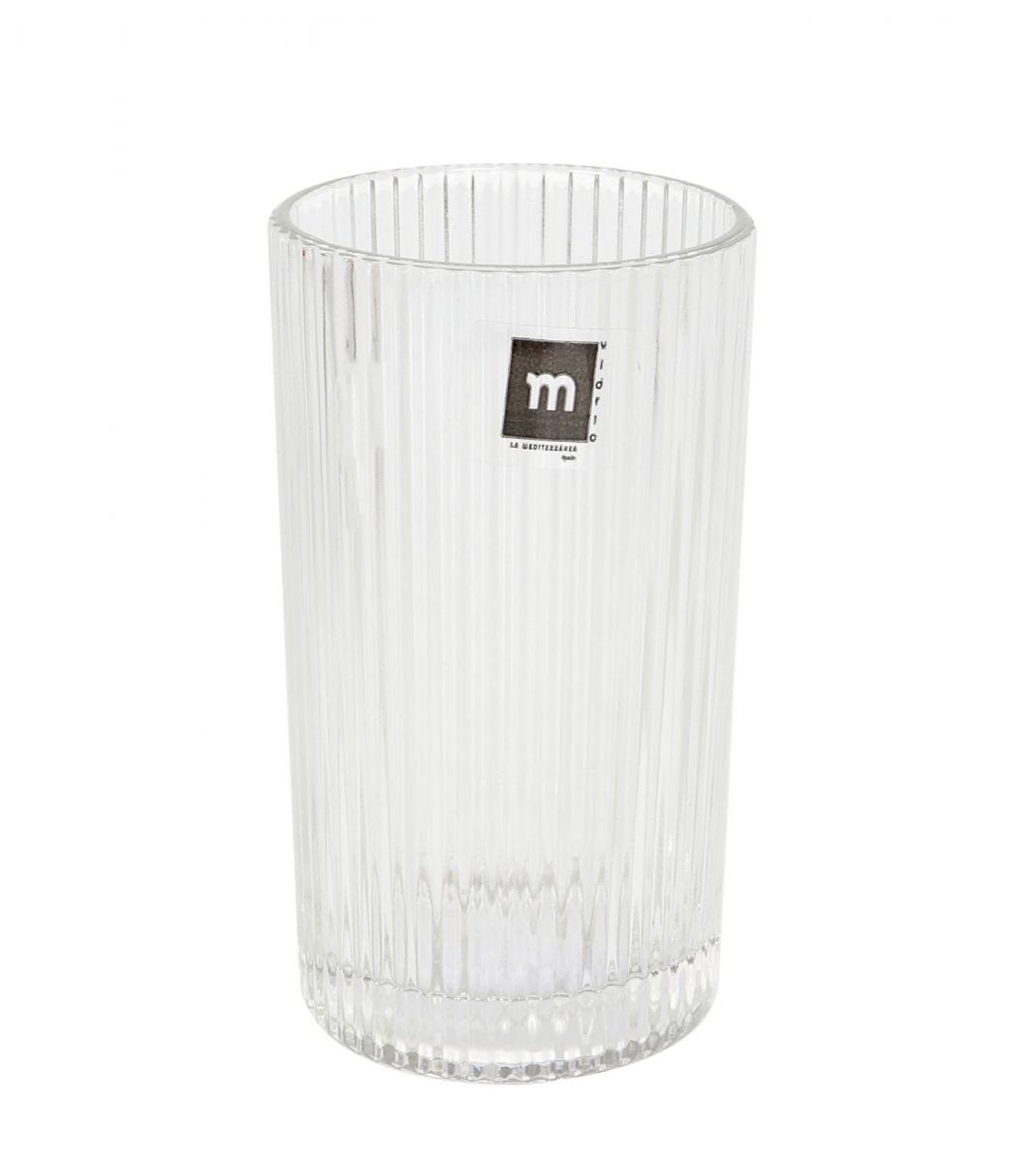Clear ribbed Zenya Highball glass with black and white brand label for cocktails