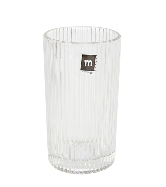 Clear ribbed Zenya Highball glass with black and white brand label for cocktails